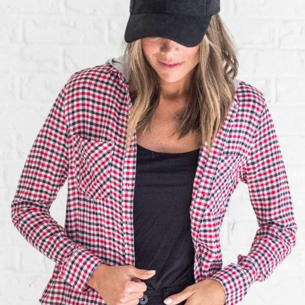Red hooded plaid top